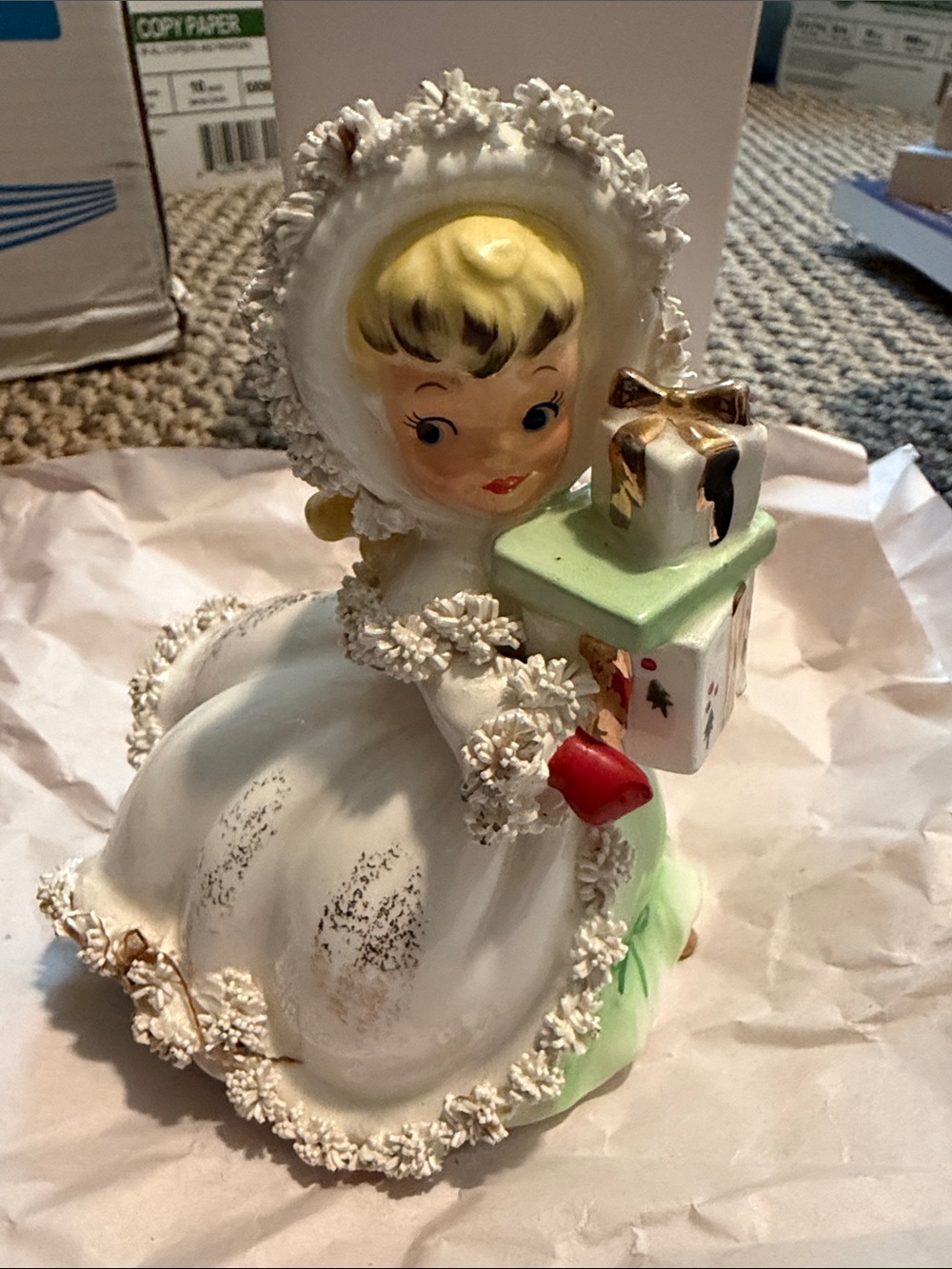 NAPCO Vintage Ceramic Girl Figurine Holding Presents - White, Cream, Red, Green